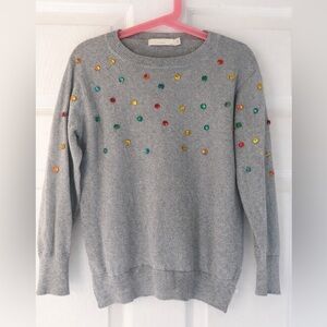 Stella McCartney Kids Gray Crewneck Sweater with rainbow Gem Studs and sparkle